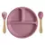 03 Pçs - Conjunto de Prato de Jantar Silicone para Bebê, Cabo de Madeira, Colher, Garfo - BABY CLOSET