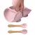 03 Pçs - Conjunto de Prato de Jantar Silicone para Bebê, Cabo de Madeira, Colher, Garfo
