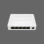 Switch de mesa branco com 5 portas Ethernet e conector de alimentação.