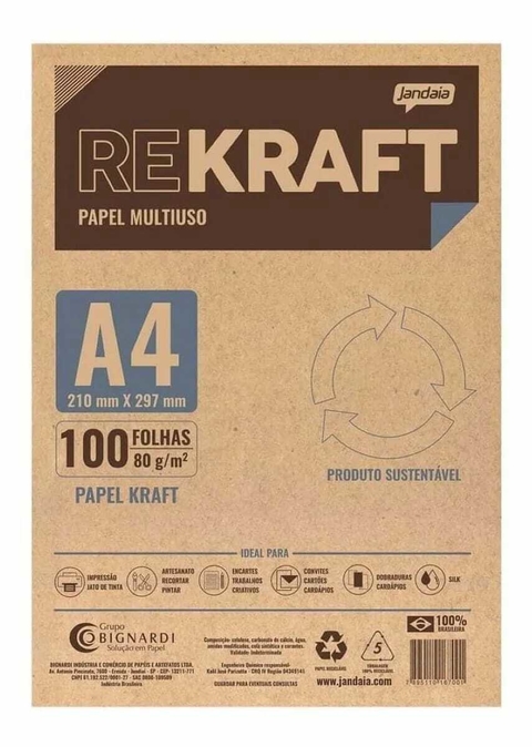 Papel Kraft A4 Rekraft 80g Jandaia 100 Folhas