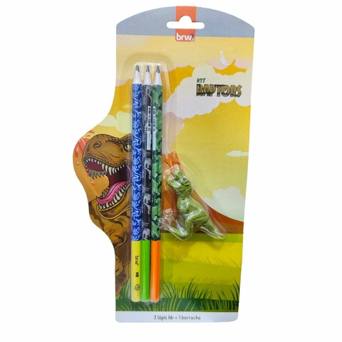 Kit Escolar Dinossauro Raptors 3 Lápis Grafite HB + 1 Borracha BRW