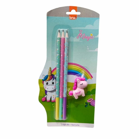 Kit Escolar Magic 3 Lápis Estampados HB + Borracha - Brw