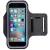 Suporte braçadeira para celular em couro, ideal para corrida e academia, com celular visível na parte frontal.