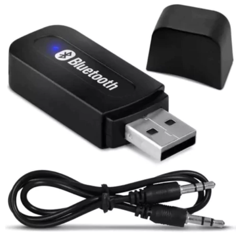 Adaptador Bluetooth USB P2 para áudio, com cabo auxiliar, ideal para carros e sistemas de som.