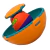 Pião Gira Ball colorido com duas bolinhas chocalho dentro de um recipiente laranja e verde.