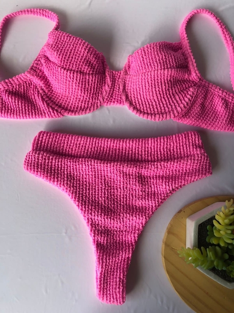 Conjunto Meia Taça Hot Pant Rosa Bebê Texturizado