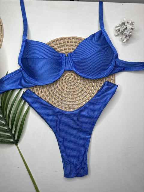Biquíni Meia Taça Azul Escuro Canelado