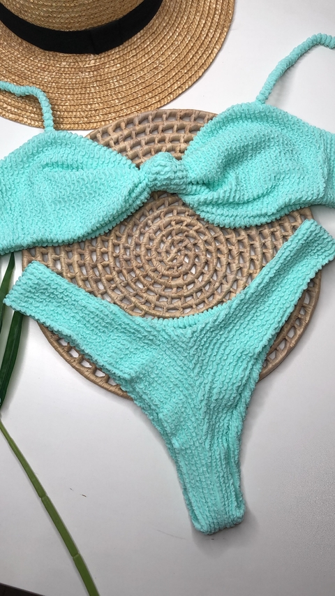 Conjunto Top Nó Verde Água Texturizado