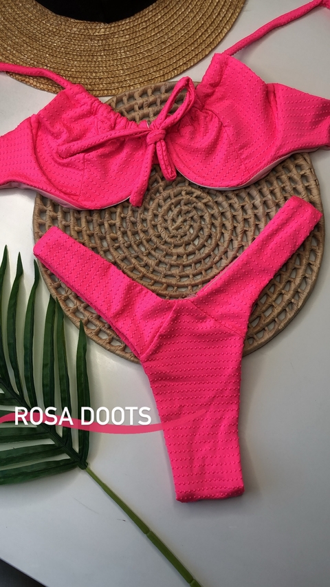 Biquíni Meia Taça com laço Rosa Neon Doots