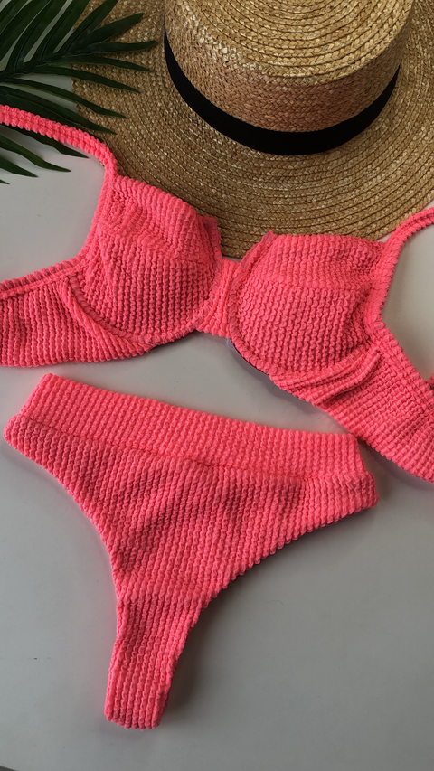Conjunto Meia Taça Hot Pant Coral Neon Texturizado