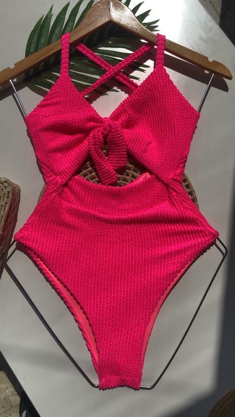 Maiô Decote Nó Rosa Neon Texturizado