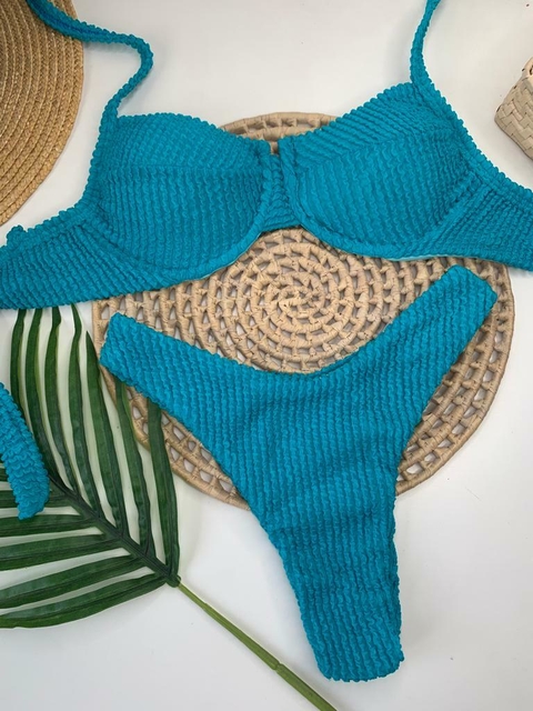 Biquíni Meia Taça Azul Piscina Texturizado