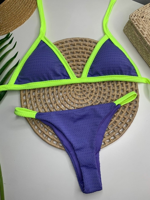 Biquíni Tanga Roxo com Verde Neon Doots