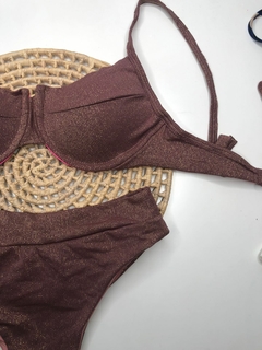 Conjunto Meia Taça Hot Pant Marrom Terra Lurex - comprar online