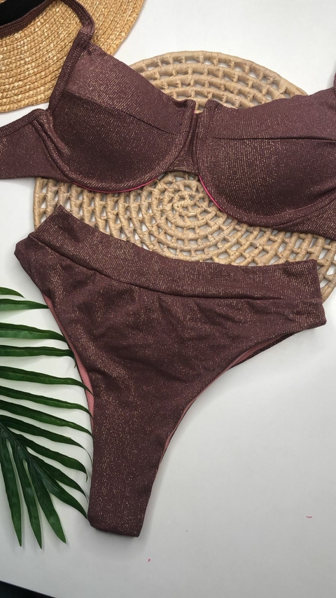 Conjunto Meia Taça Hot Pant Marrom Terra Lurex