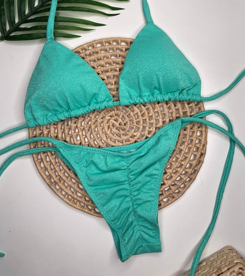 Conjunto Lacinho Empina Bumbum Verde Água Lurex