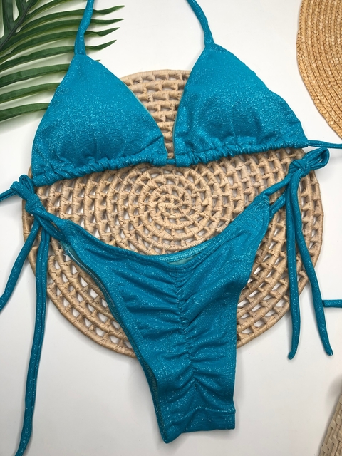 Conjunto Lacinho Empina Bumbum Azul Piscina Lurex