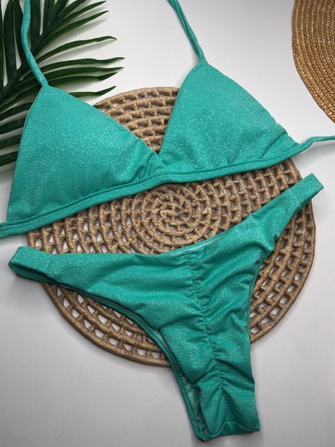 Biquíni Tanga Empina Bumbum Verde Água Lurex