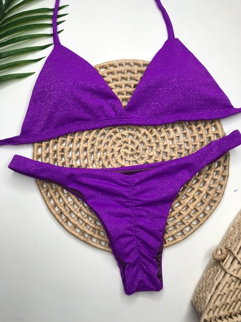Biquíni Tanga Empina Bumbum Roxo Fúcsia Lurex