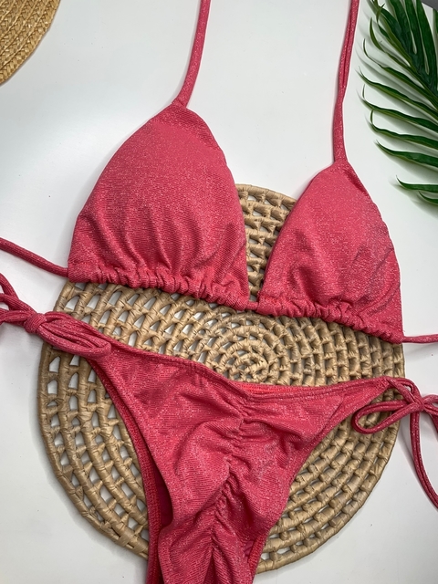 Conjunto Lacinho Empina Bumbum Rosa Goiaba Lurex