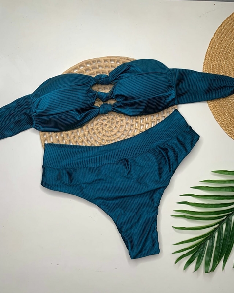 Conjunto Tomara que Caia Azul Petróleo Canelado calcinha Hot Pant