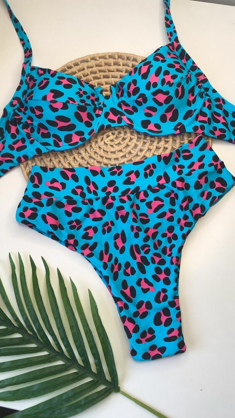 Conjunto Meia Taça Hot Pant Onça Azul Liso