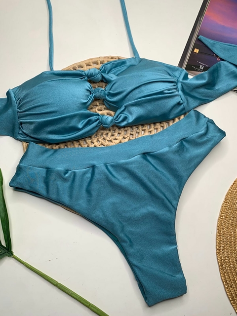 Conjunto Tomara que Caia Azul Trilobol Calcinha Hot Pant