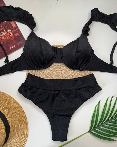 Conjunto Meia Taça Hot Pant Babado Preto Trilobol
