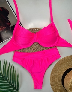 Conjunto Meia Taça Hot Pant Rosa Neon Canelado - loja online