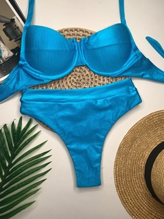 Conjunto Meia Taça Hot Pant Azul Claro Canelado