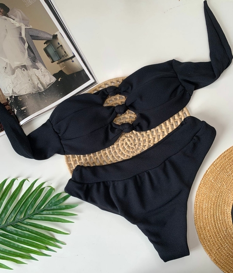 Conjunto Tomara que Caia Preto Anarruga Calcinha Hot Pant