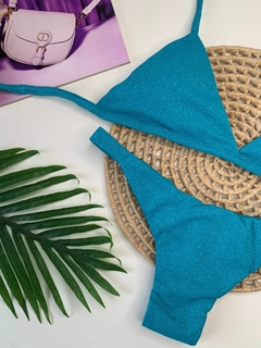 Biquíni Tanga Empina Bumbum Azul Piscina Lurex - tienda online