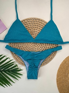 Biquíni Tanga Empina Bumbum Azul Piscina Lurex - Manaui Beachwear