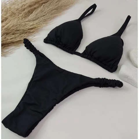Conjunto Tanga Frufru Preto Liso