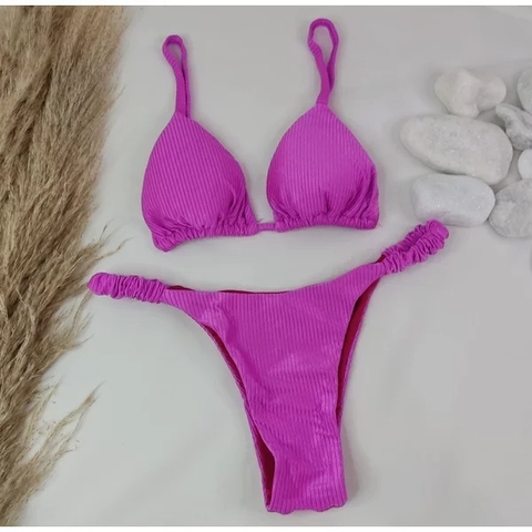 Conjunto Tanga Frufru Rosa Canelado