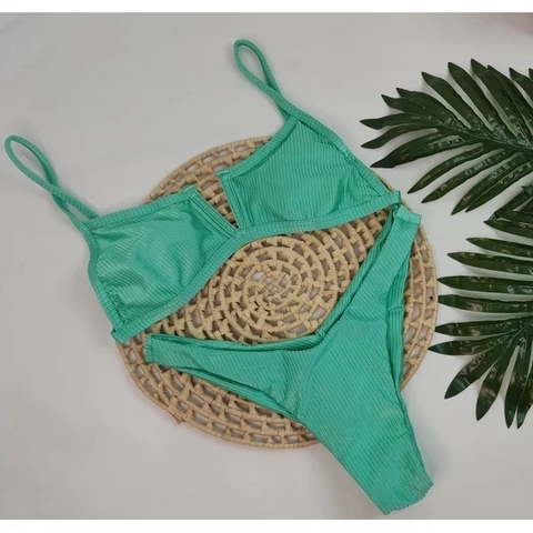 Conjunto Aro V Verde Água Canelado