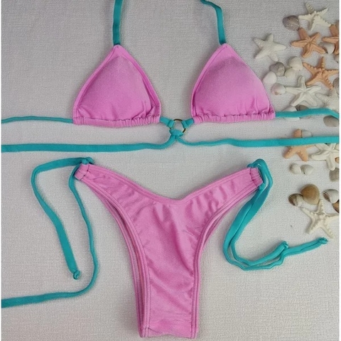 Conjunto Cancun Rosa com Tiras Azul Trilobol
