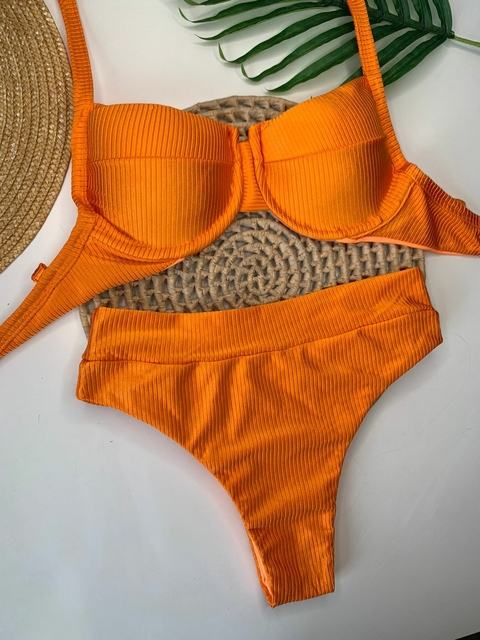Conjunto Meia Taça Hot Pant Laranja Tangerina Canelado