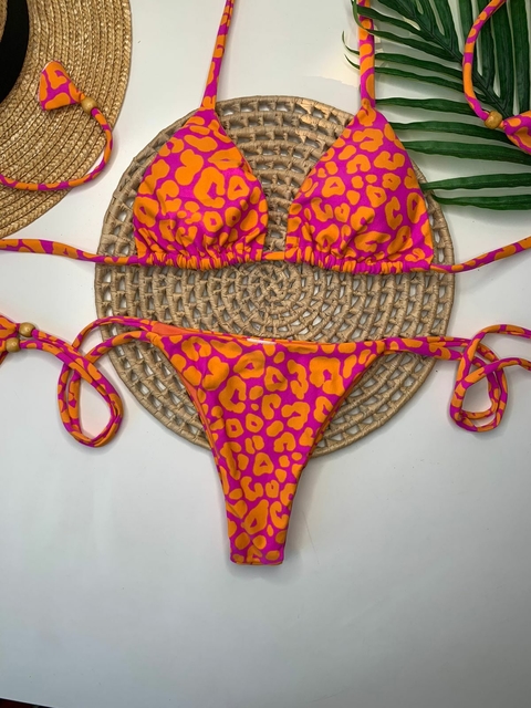 Conjunto Biquini Lacinho Onça Rosa Laranja Liso