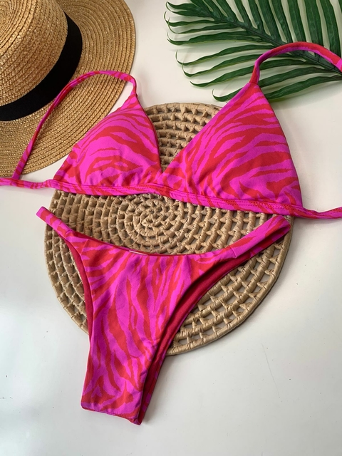 Biquíni Tanga Zebra Rosa Com Vermelho Liso