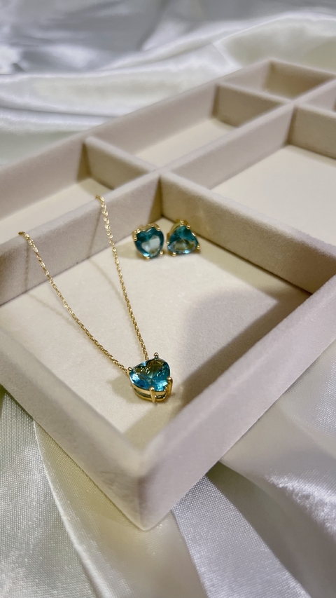 Conjunto Brinco e Colar de coração, Azul