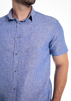 CAMISA MASCULINA MANGA CURTA SLIM FIT LINHO LEVE AZUL ESCURO - comprar online