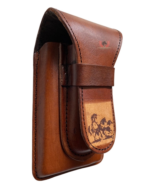 Bainha de couro Para Canivete e Celular Estampa Cavalos c20