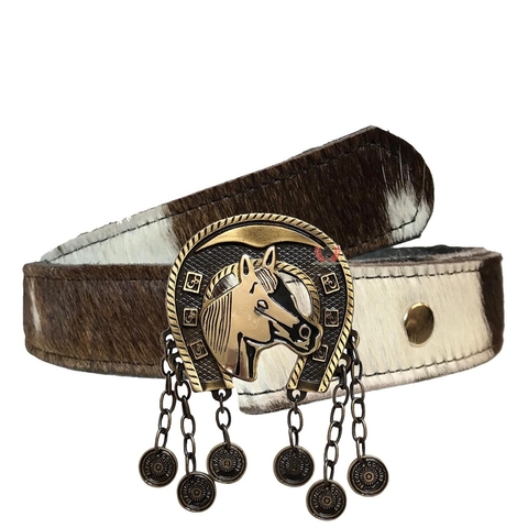 Cinto Country Feminino de Pelo Natural Com Fivela Cavalo Pingentes SC65