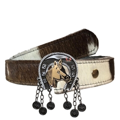 Cinto Country Feminino de Pelo Natural com Fivela Cavalo Pingentes Prata Velho SC66