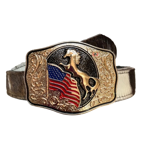 Cinto Country Unissex de Pelo Natural com Fivela Cavalo Gold sc82