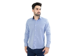 CAMISA SOCIAL MASCULINA MANGA LONGA SLIM FIT XADREZ MINI AZUL/BCO
