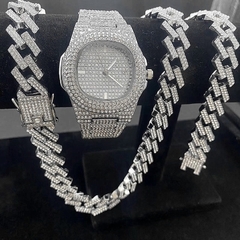 Kit Miami - corrente ice cuban Miami + relógio cravejado ice + pulseira cravejada