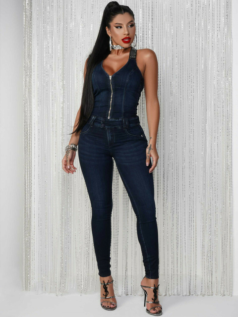 Macacão Jeans Modelador Empina Bumbum Com Alças Personalizadas Pit Bull Jeans