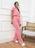 Pijama Feminino Blusa Cropped Manga Curta e Calça Flare Leve Cor Rosa na internet